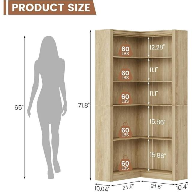 71.8" Gray Farmhouse Bookcase, L-Shaped Corner Bookshelf with 5-Tier Storage, Heavy Duty Shelf for Living Spaces