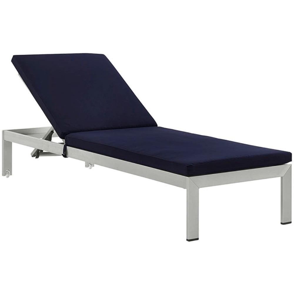 Shore Outdoor Patio Aluminum Chaise with Cushions Silver Navy