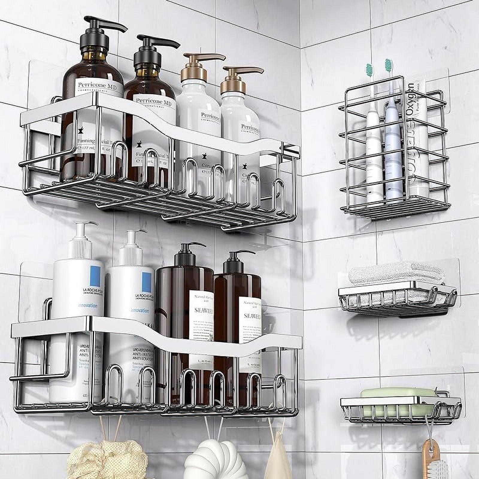 5Pack Shower Caddy Shelf Organizer with Soap Holder, Stainless Steel Bathroom Shelves Basket with Adhesives/Screws, Hooks, Storage Rack for Kitchen Black