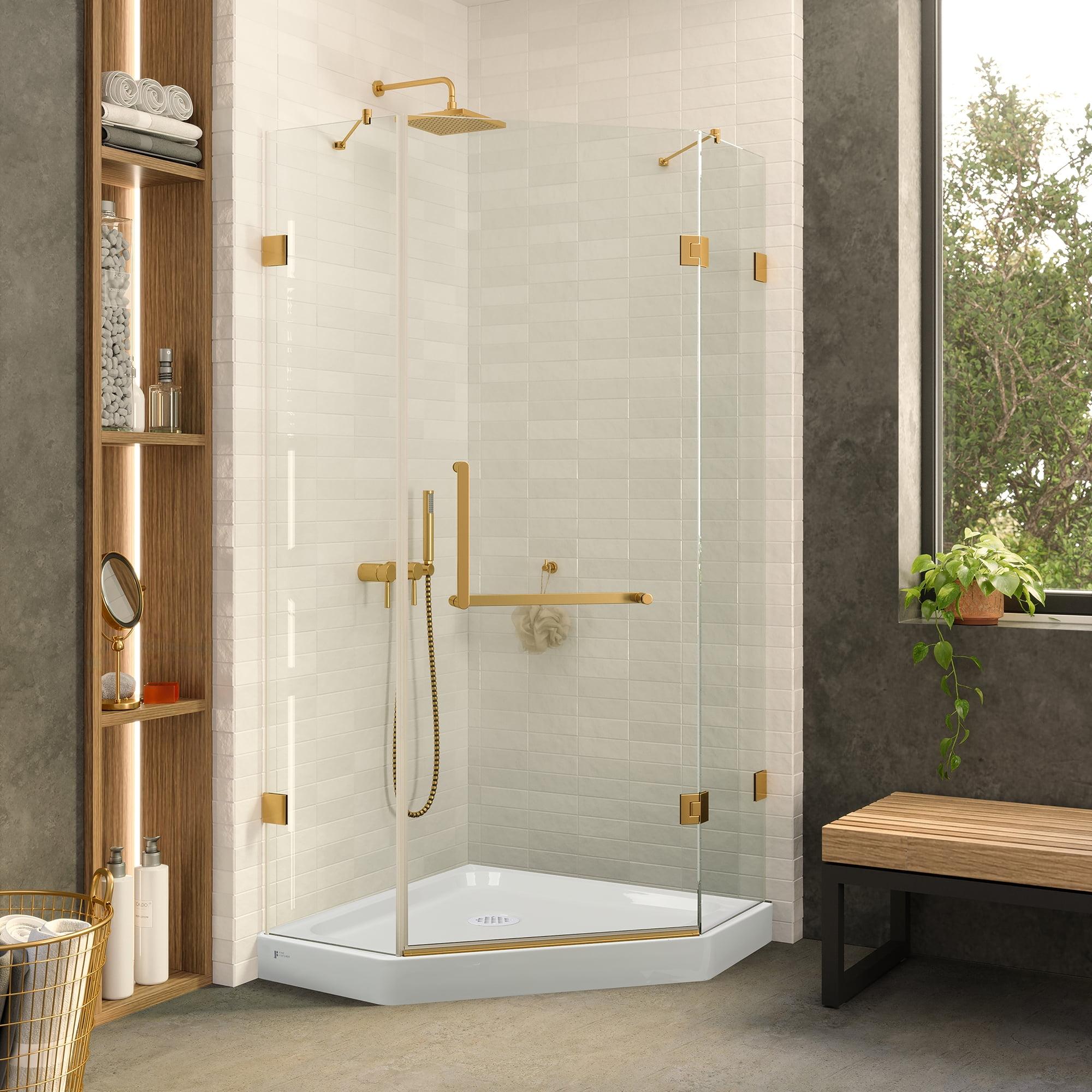 Neo Angle Acrylic Shower Base with Satin Brass Frameless Enclosure