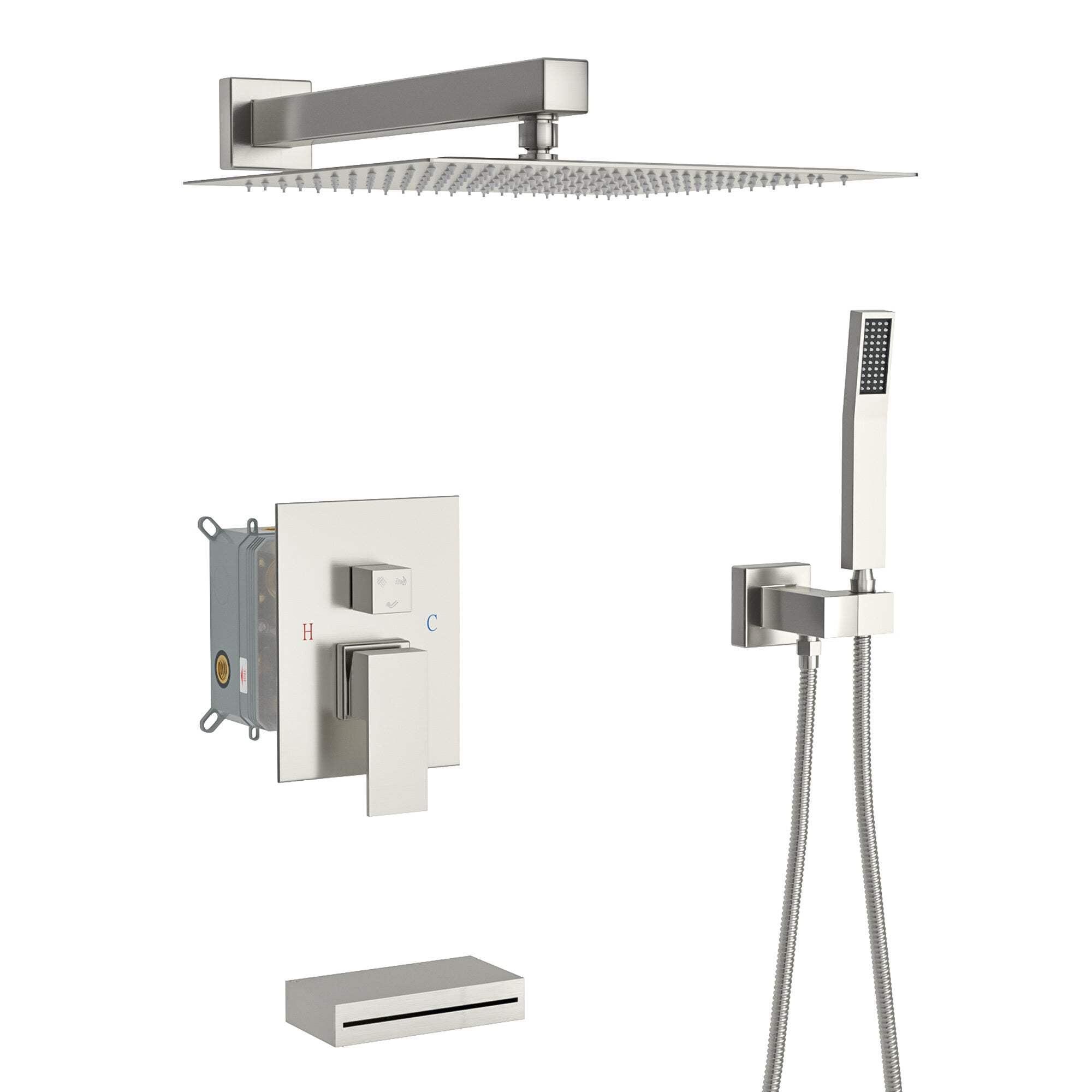 Brushed Nickel Square Rain Shower System with Handheld