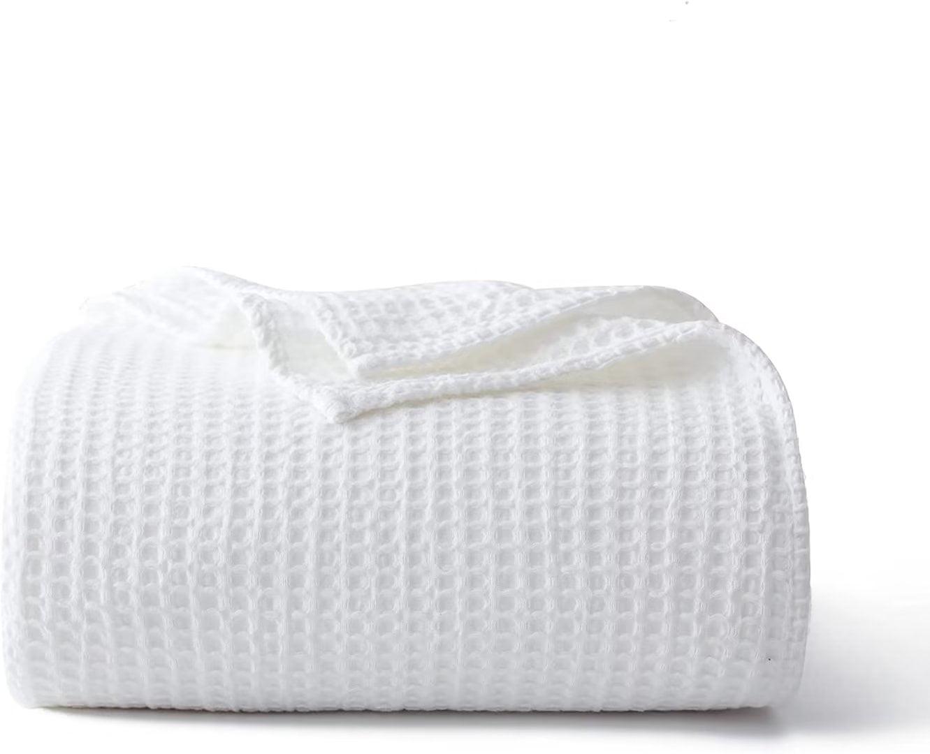 Shunjie.Home 100% Cotton Waffle Bed Blanket Queen Size, Throw Blanket for Couch All Seasons (White, 90x90)