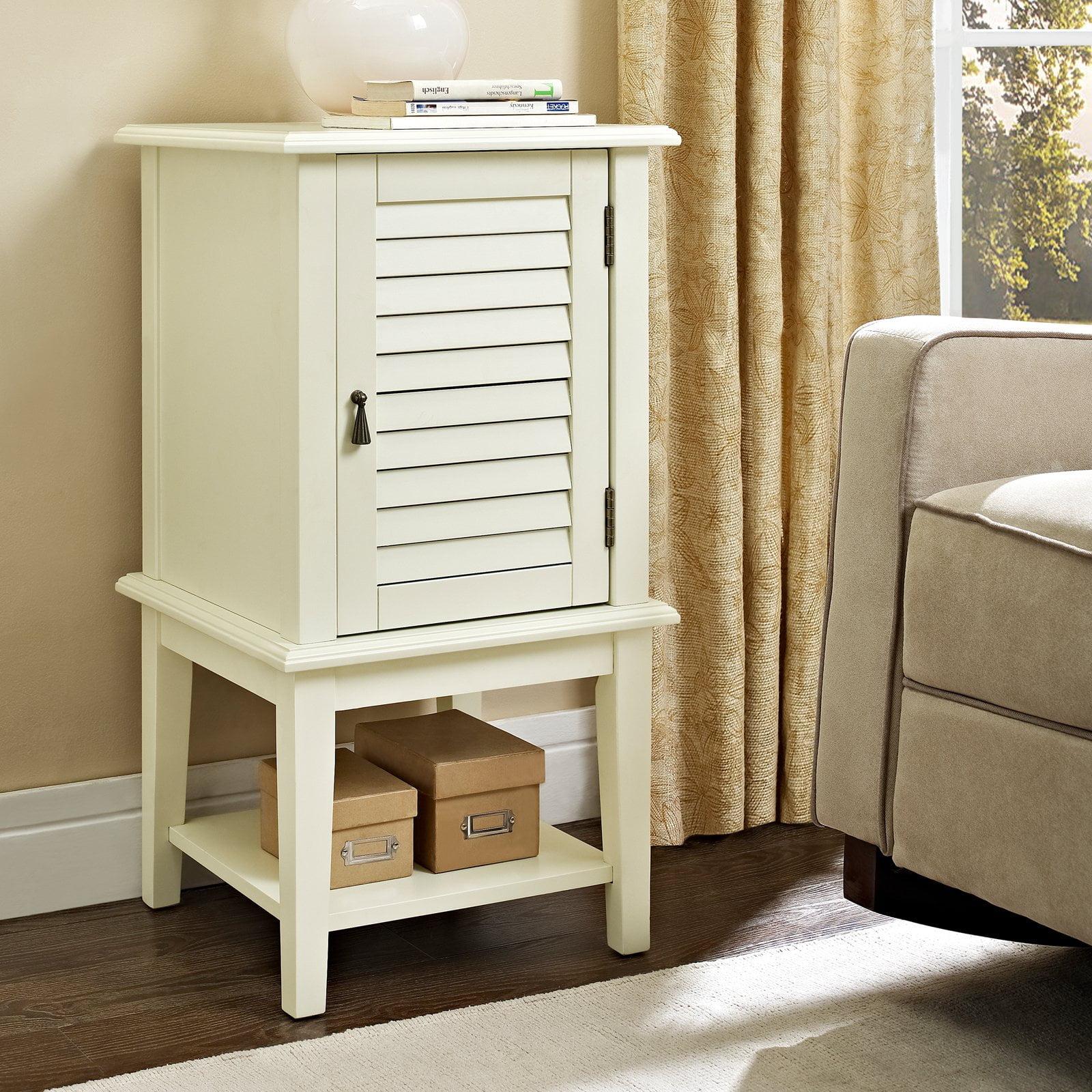 Shutter Door Accent Side Table with Shelves, White
