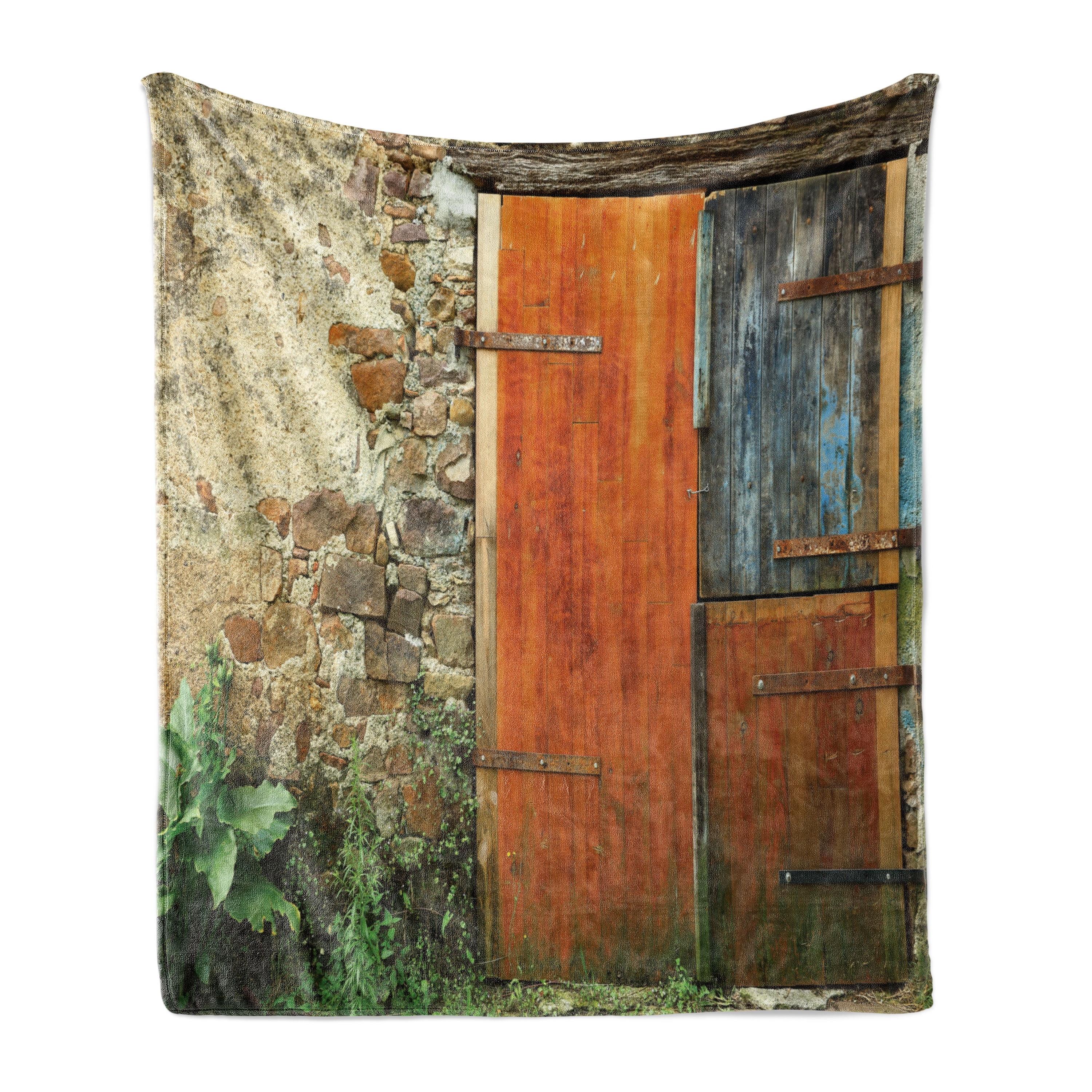 Ambesonne Rustic Fleece Throw Blanket Old French Wooden Door Orange Green