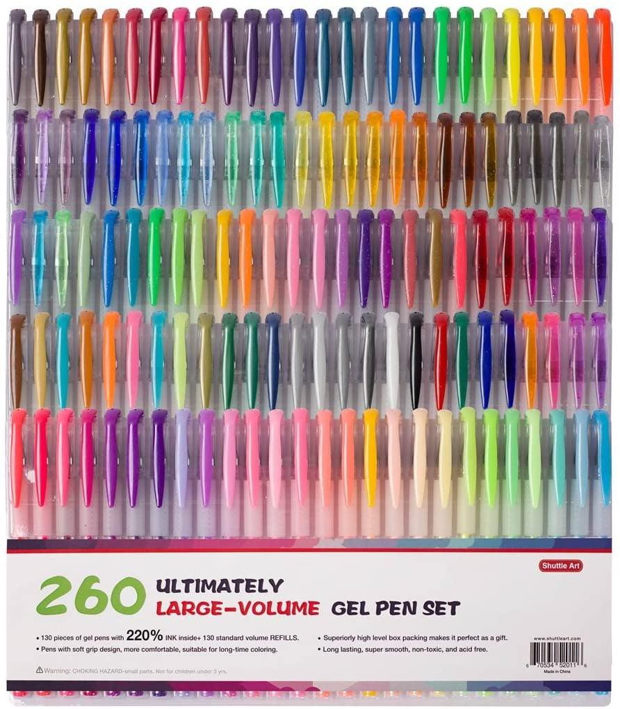 Shuttle Art 260 Pack Gel Pens Set 220% Ink Gel Pen for Adult Coloring Books Art Markers 130 Colored Gel Pens Plus 130 Refills