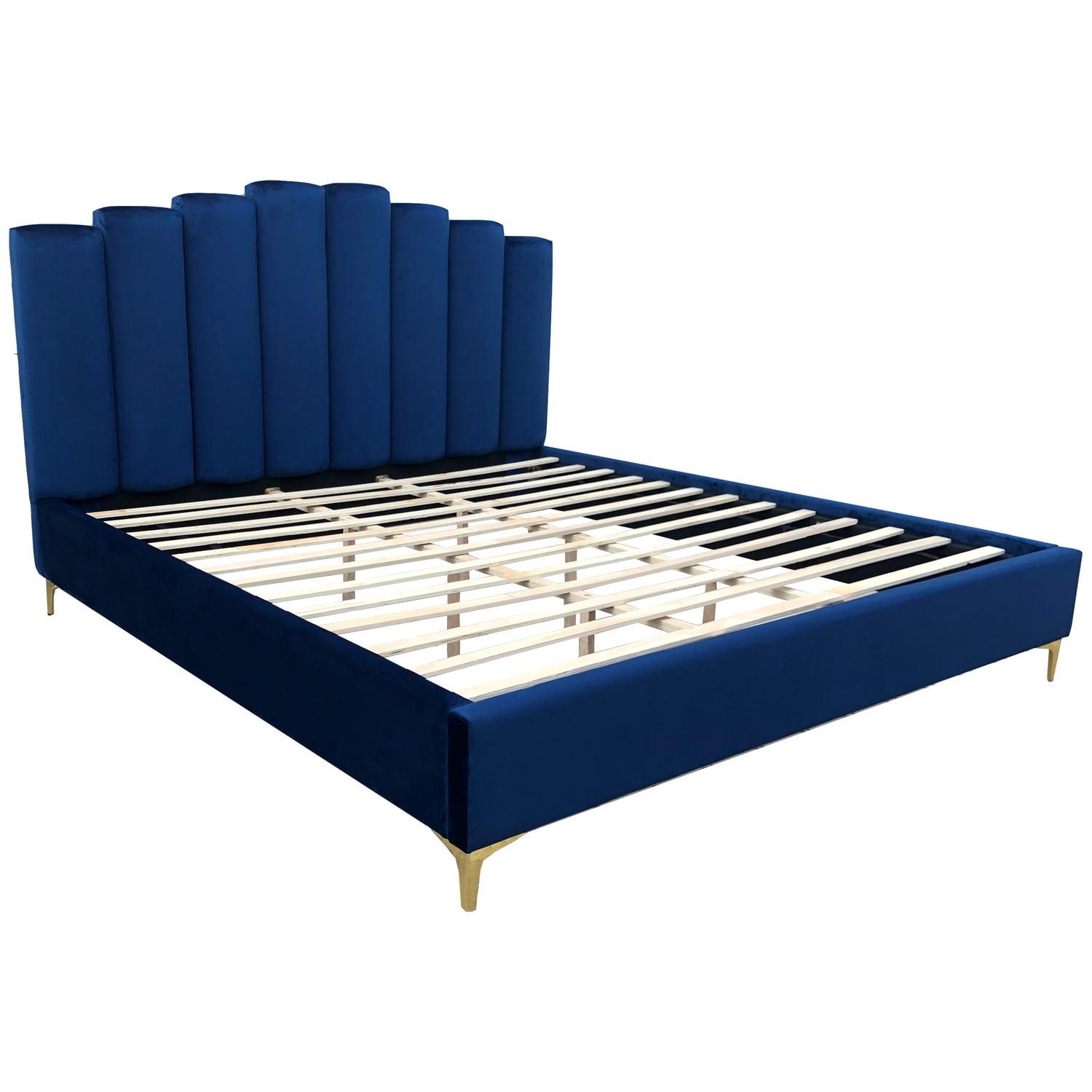 King Blue Velvet Upholstered Bed with Tufted Headboard and Gold Legs