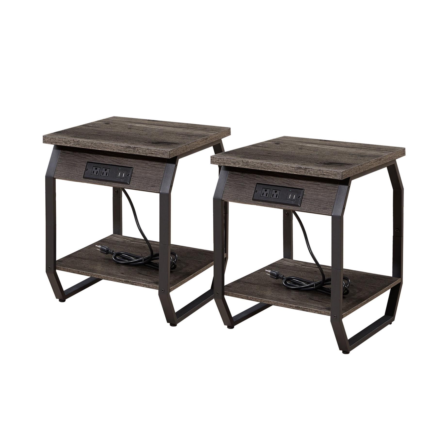 Dark Gray Particle Board and Steel End Tables with USB Ports, Set of 2