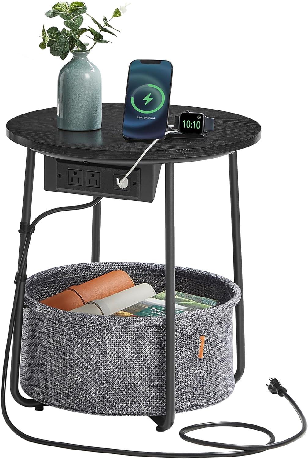 VASAGLE Side Table with Charging Station, Round End Table With Fabric Basket, Nightstand with Power Outlets USB Ports Ebony Black and Slate Gray