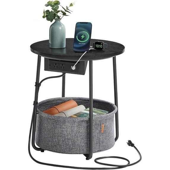 VASAGLE Side Table with Charging Station, Round End Table With Fabric Basket, Nightstand with Power Outlets USB Ports Ebony Black and Slate Gray