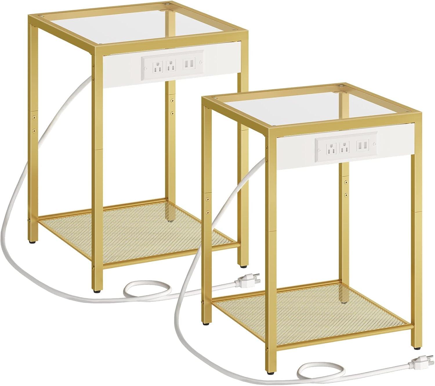 Gold Metal and Glass Side Tables with Charging Station, Set of 2