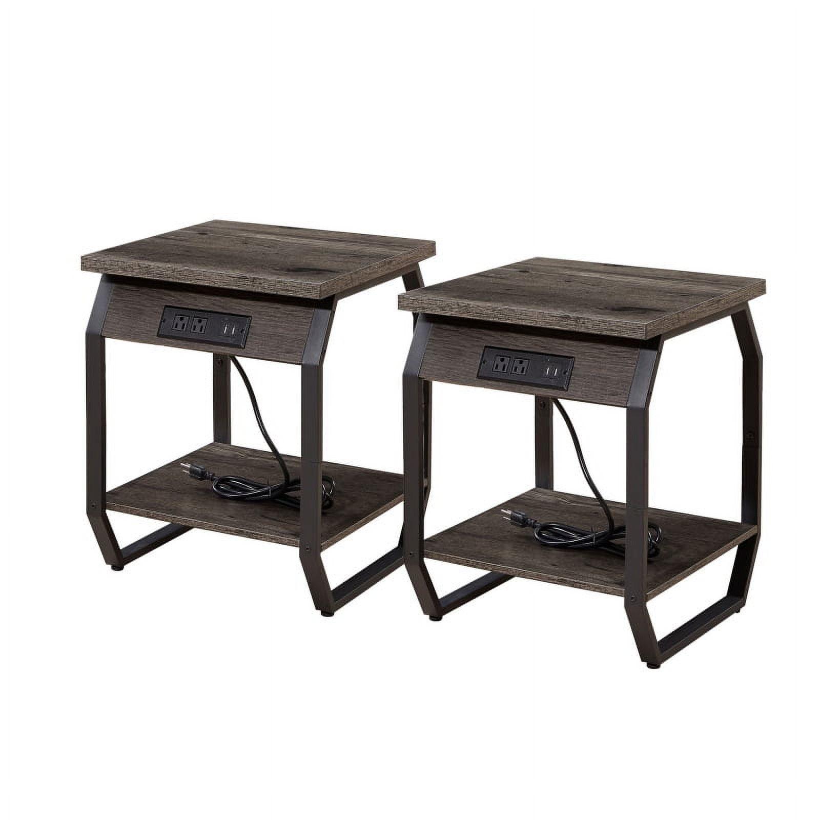 Dark Gray Particle Board Side Table with Charging Station