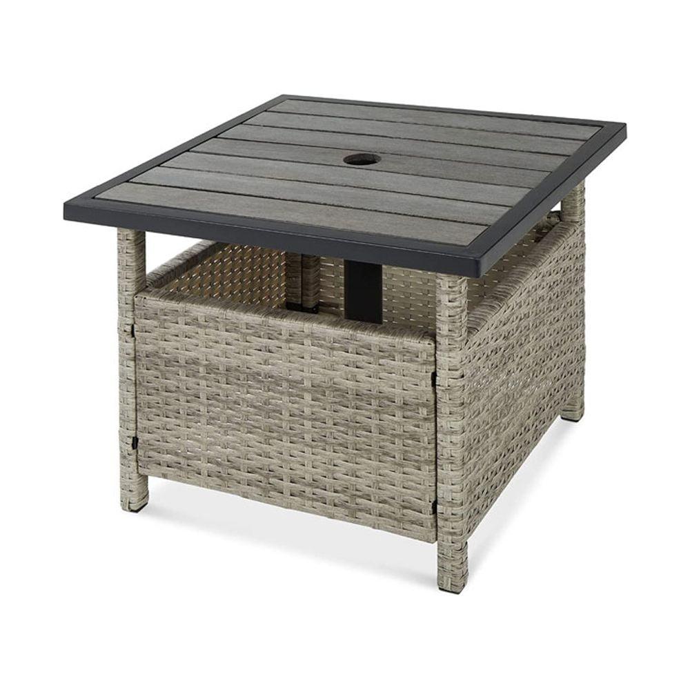 Elegant Grey Rattan Wicker Outdoor Side Table with Umbrella Hole