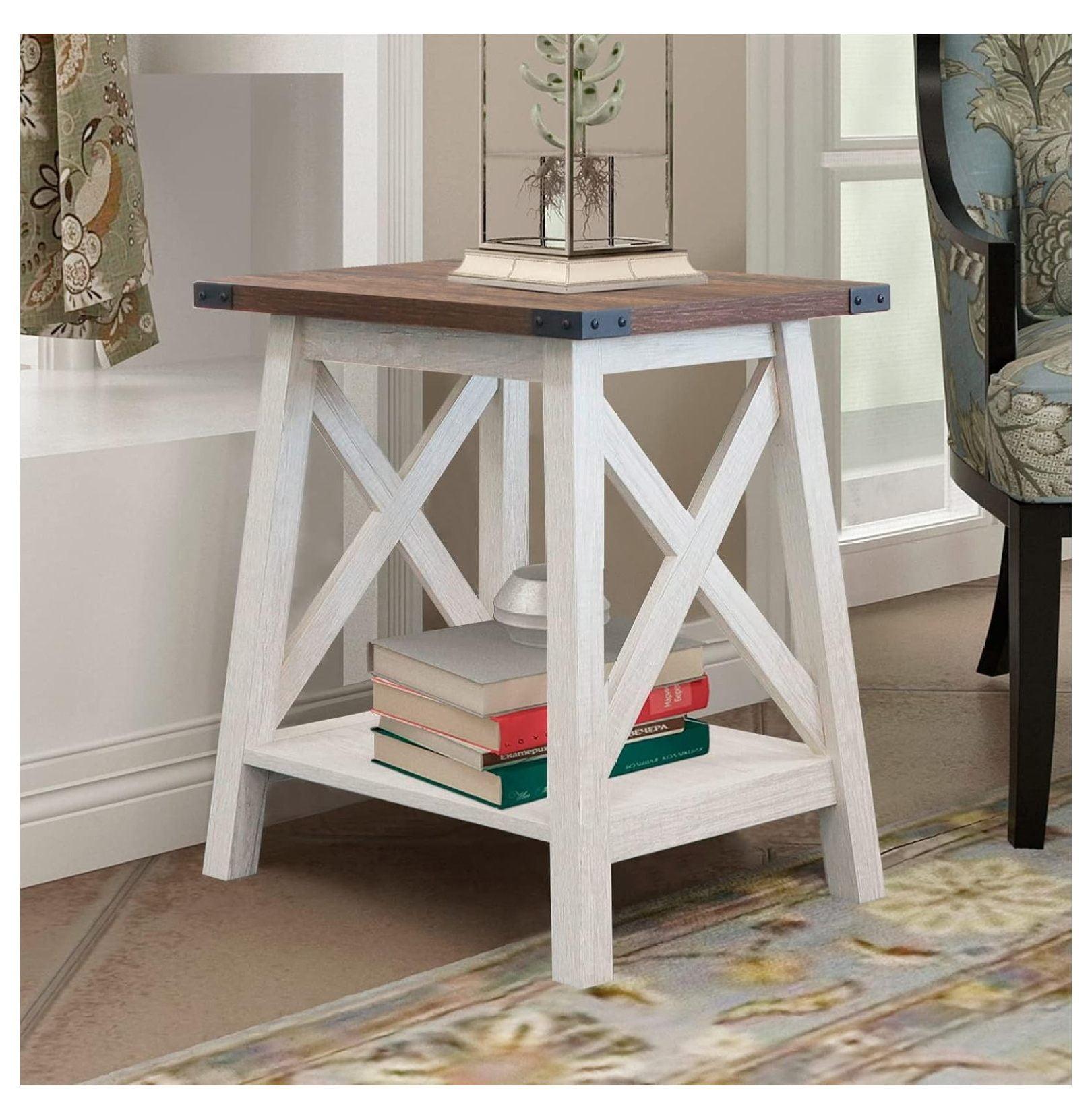 Farmhouse White and Dark Walnut Wood End Table with 2-Tier Storage