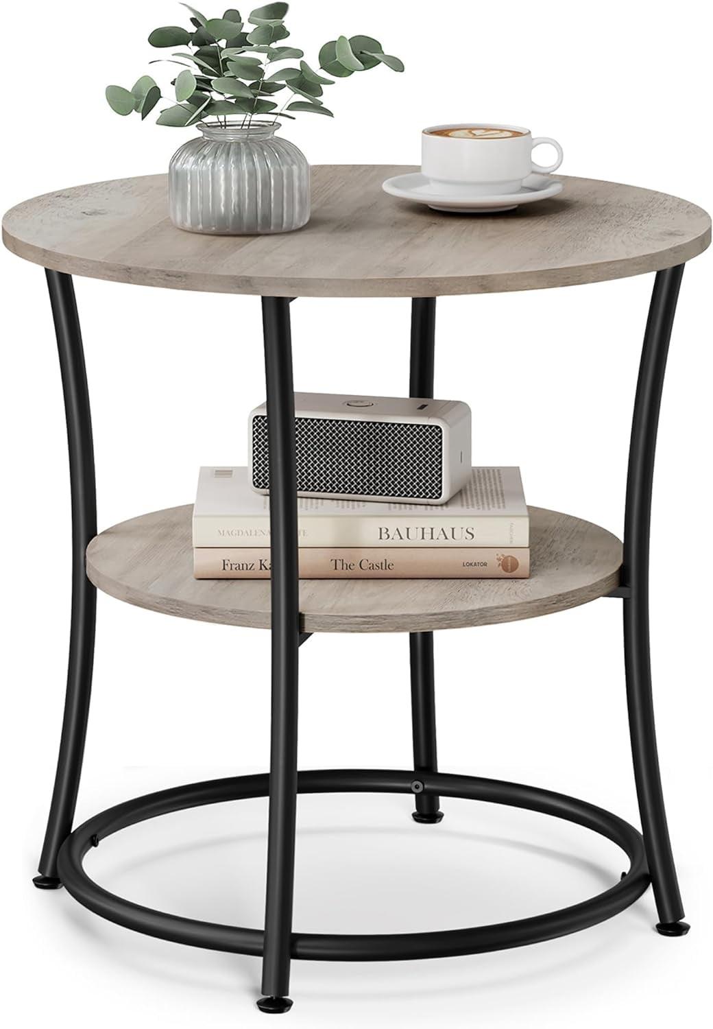 Side Table, Round End Table with 2 Shelves for Living Room, Bedroom, Nightstand with Steel Frame for Small Spaces, Outdoor Accent Coffee Table, Greige and Ink Black