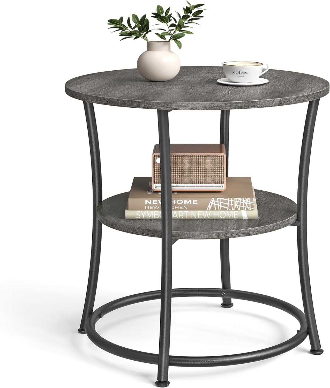 Side Table, Round End Table with 2 Shelves for Living Room, Bedroom, Nightstand with Steel Frame for Small Spaces, Outdoor Accent Coffee Table, Greige and Ink Black