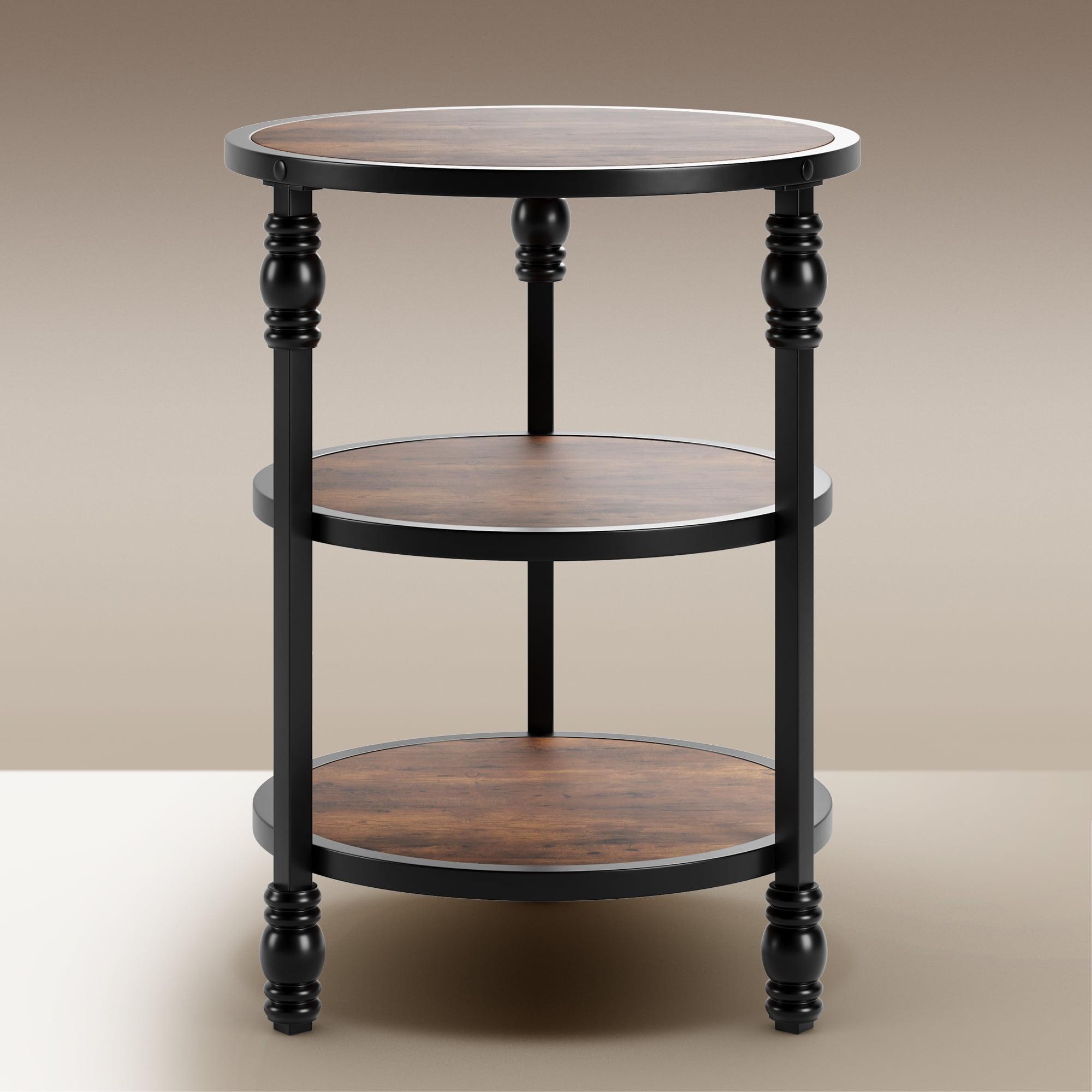 Rustic Brown Round Wood and Metal 3-Tier Side Table