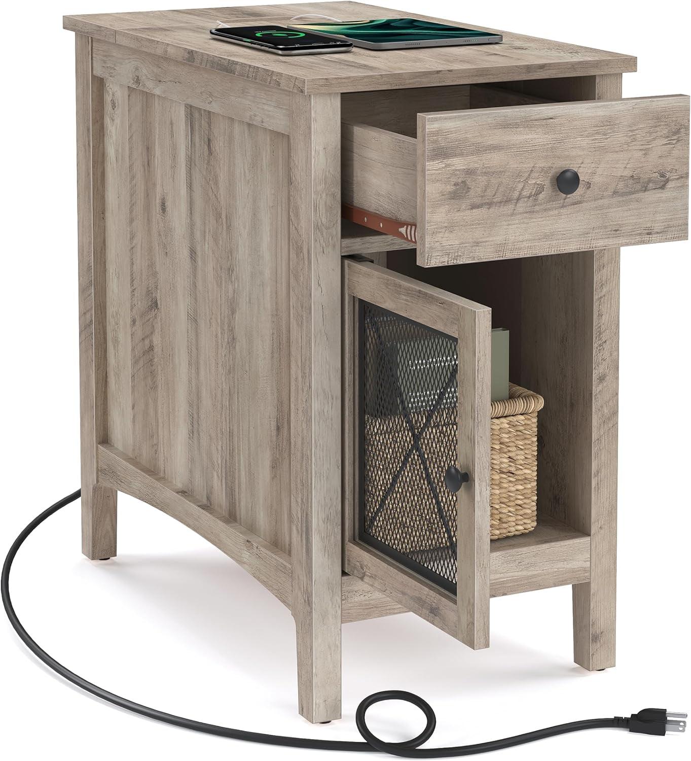 Greige MDF and Particleboard Side Table with Storage and Charging Station