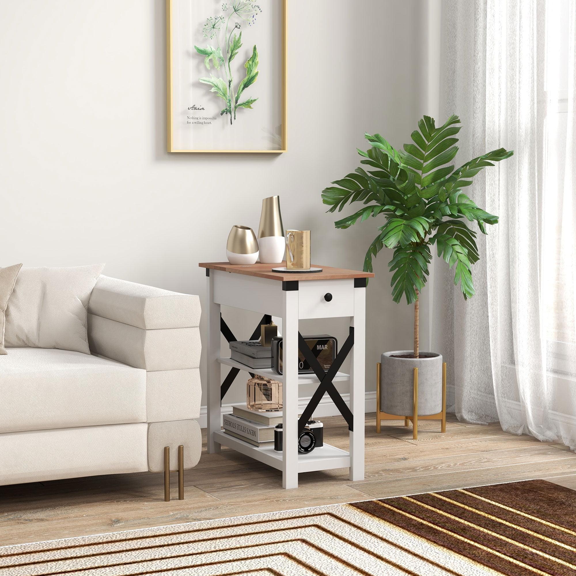 White Wood Side Table with Charging Station and Storage Shelves