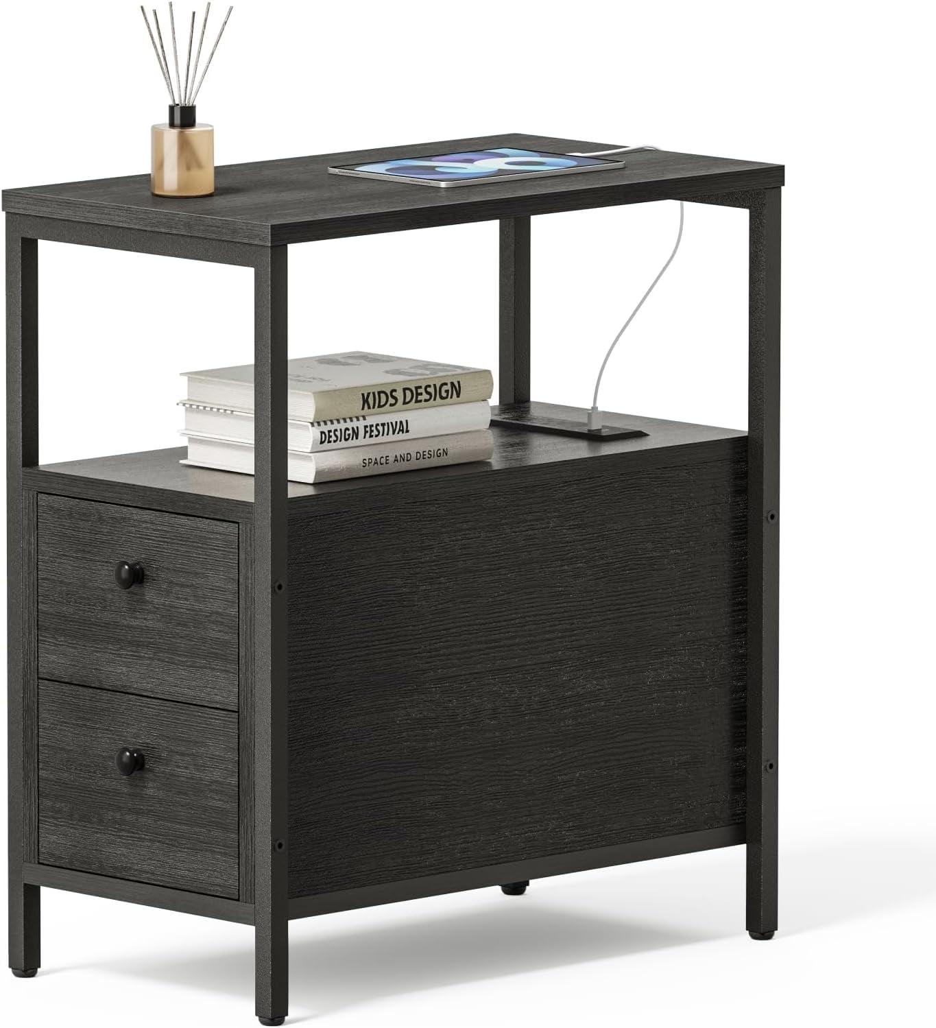 Black Metal and Engineered Wood 2-Drawer Charging Side Table