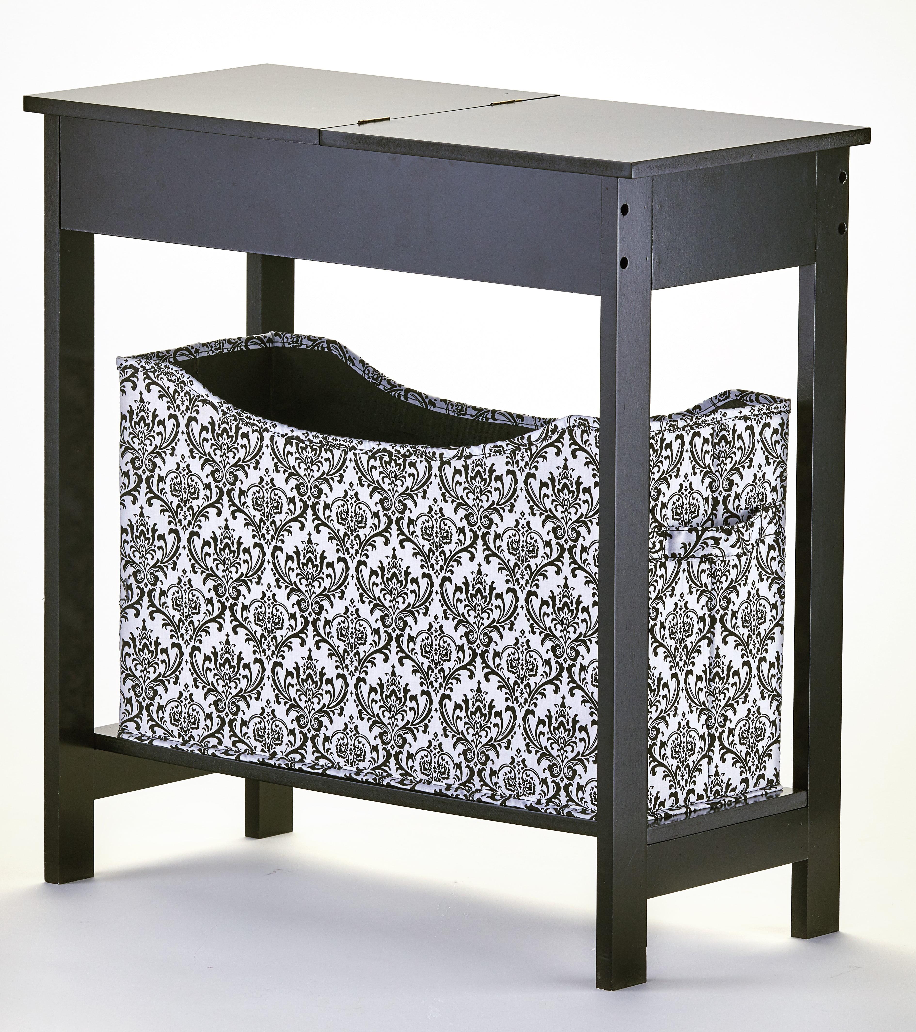 The Lakeside Collection Side Table with Fashion Print Storage Bin - Wood with Fabric Basket