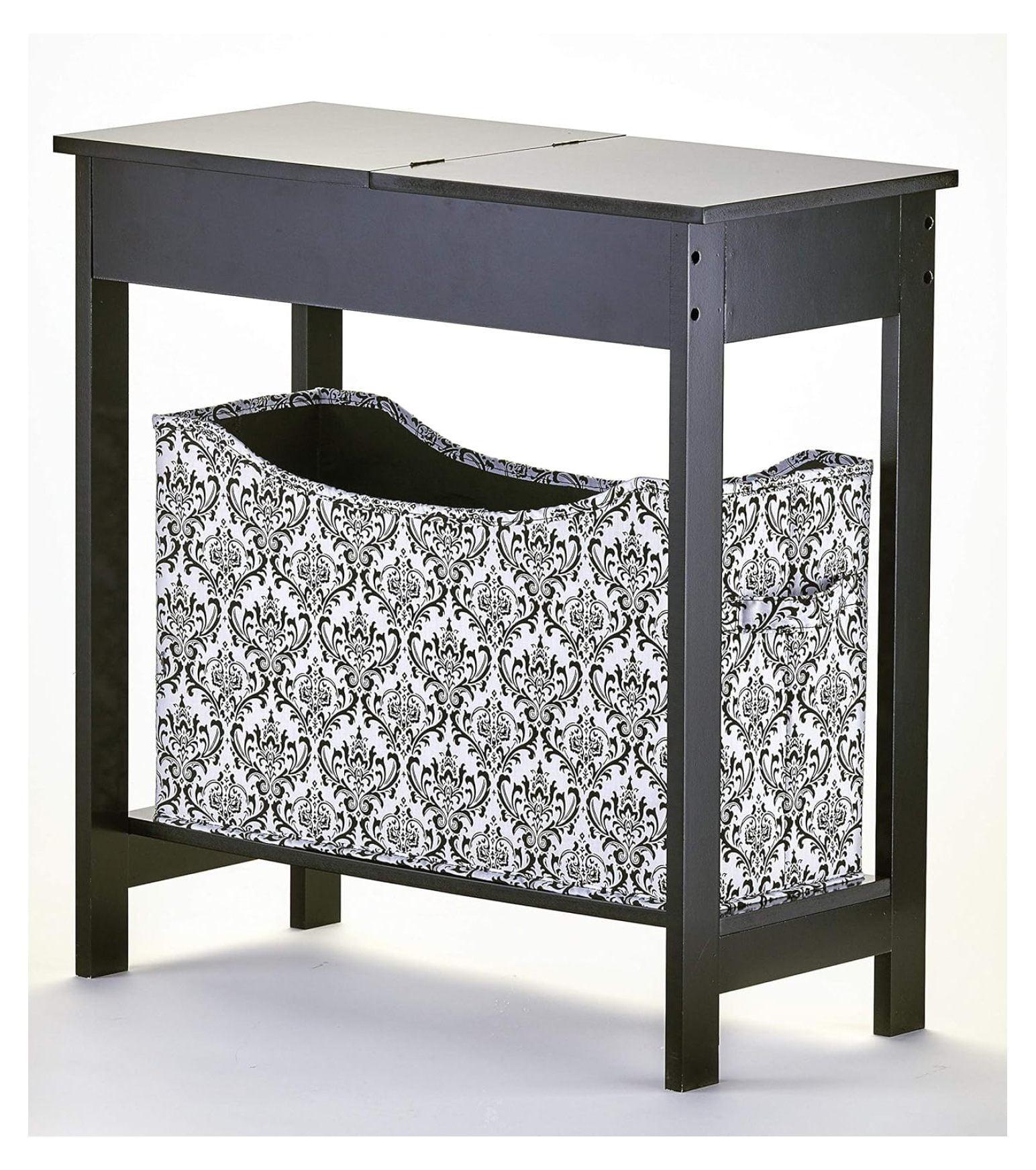 The Lakeside Collection Side Table with Fashion Print Storage Bin - Wood with Fabric Basket