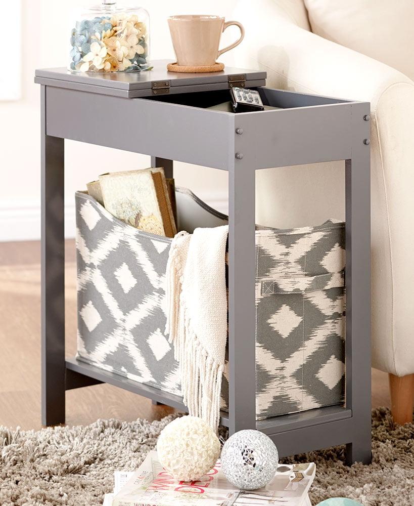 The Lakeside Collection Side Table with Fashion Print Storage Bin - Wood with Fabric Basket