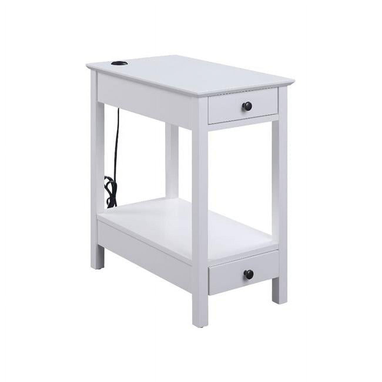 Modern White Wood Side Table with USB Charging Dock and Storage