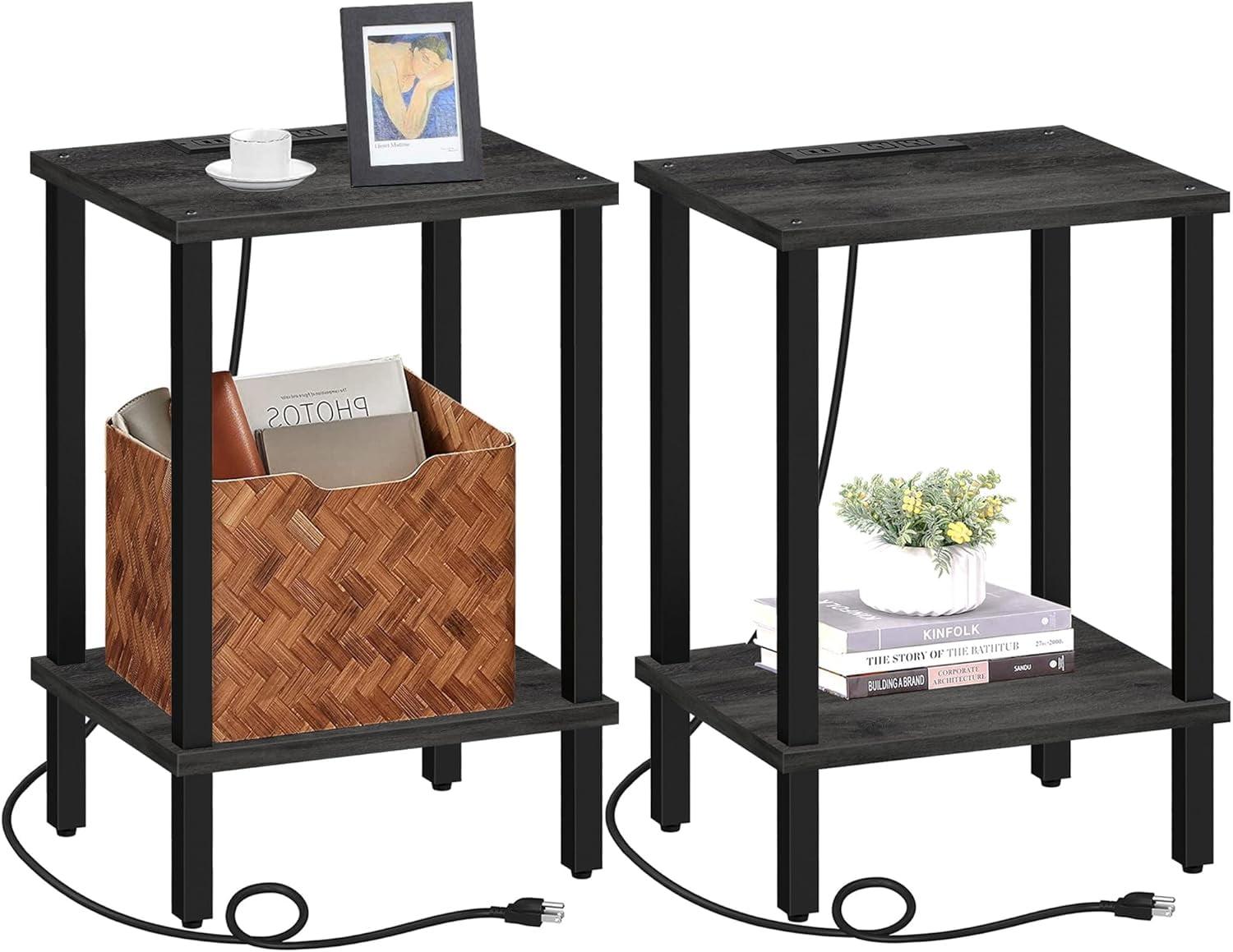 Black Metal 2-Tier Side Table Set with USB Ports