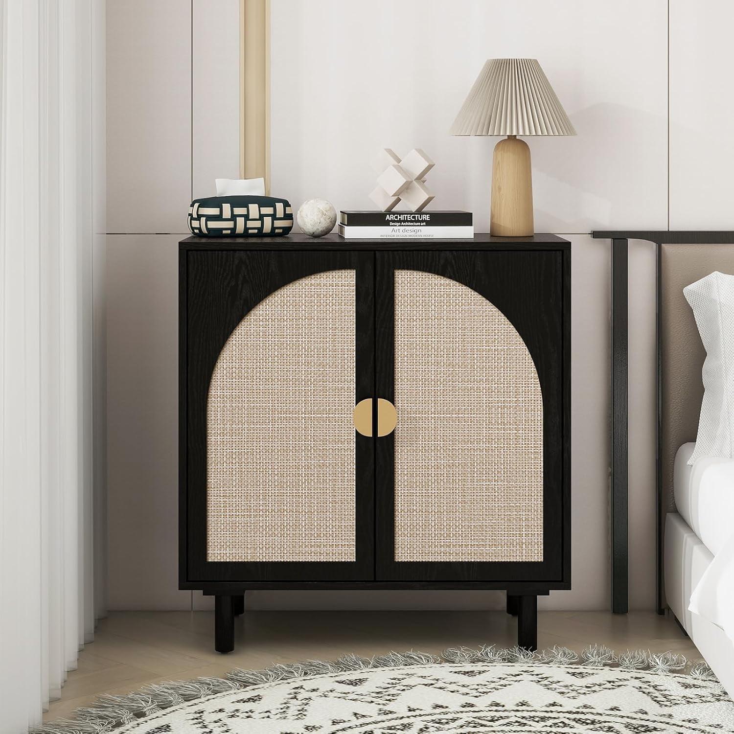 Black and Beige Rattan 2-Door 3-Drawer Sideboard Cabinet