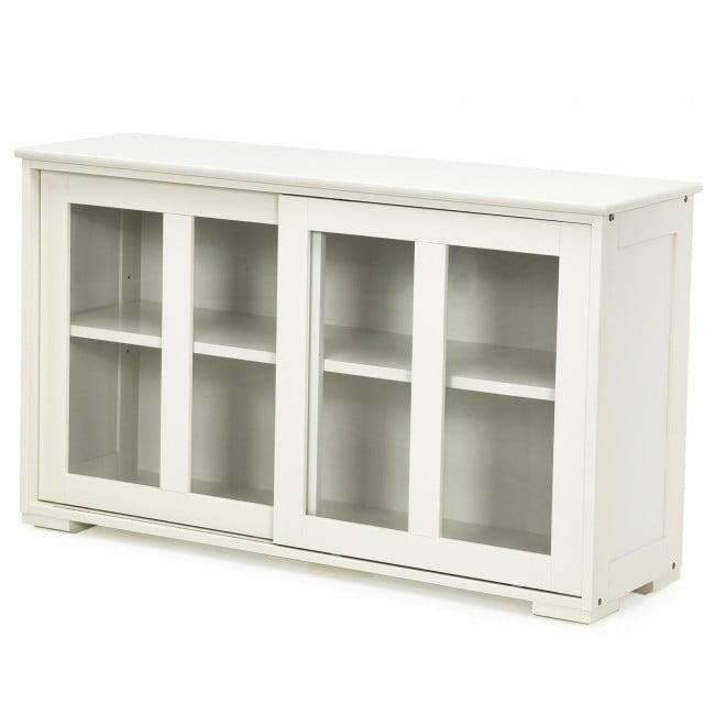 Off-White MDF Kitchen Storage Cabinet with Glass Sliding Doors