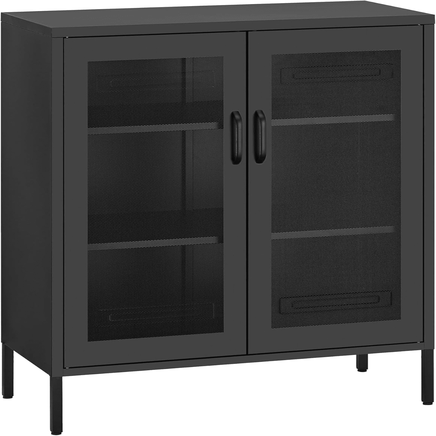 Black Metal Storage Cabinet with Adjustable Shelves and Mesh Doors