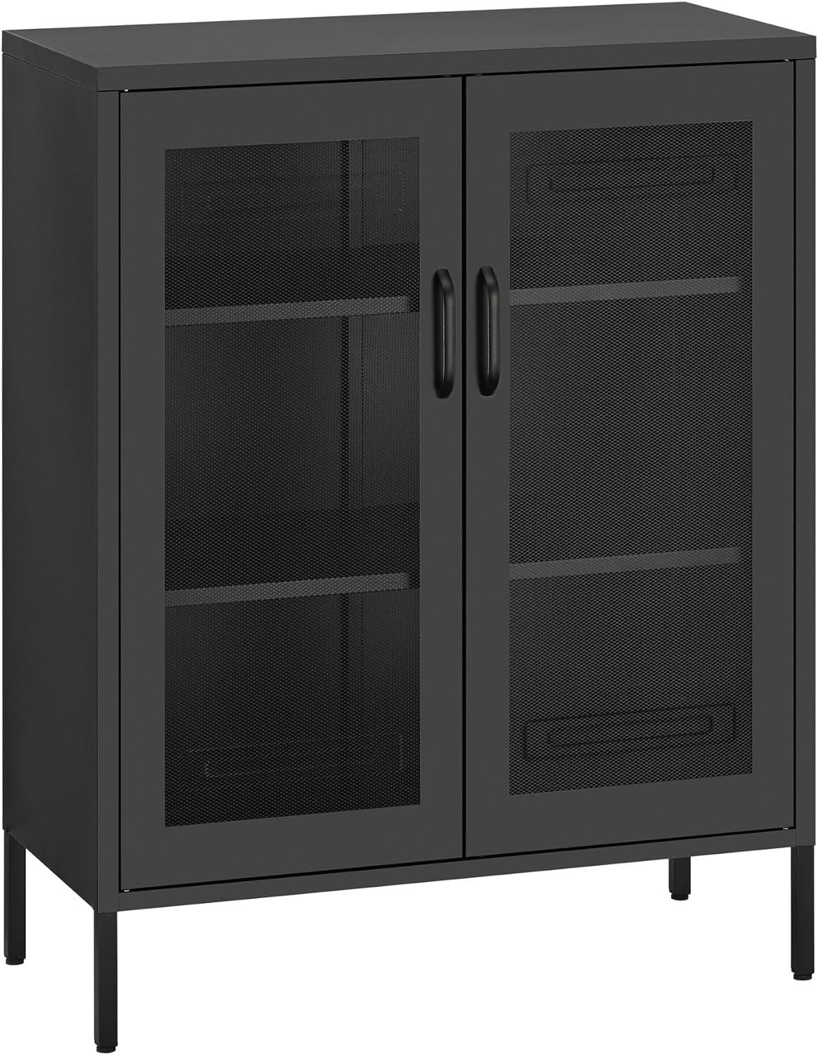 SONGMICS Metal Storage Cabinet with Mesh Doors, Steel Display Cabinets with Adjustable Shelves for Bathroom Home Office, Black