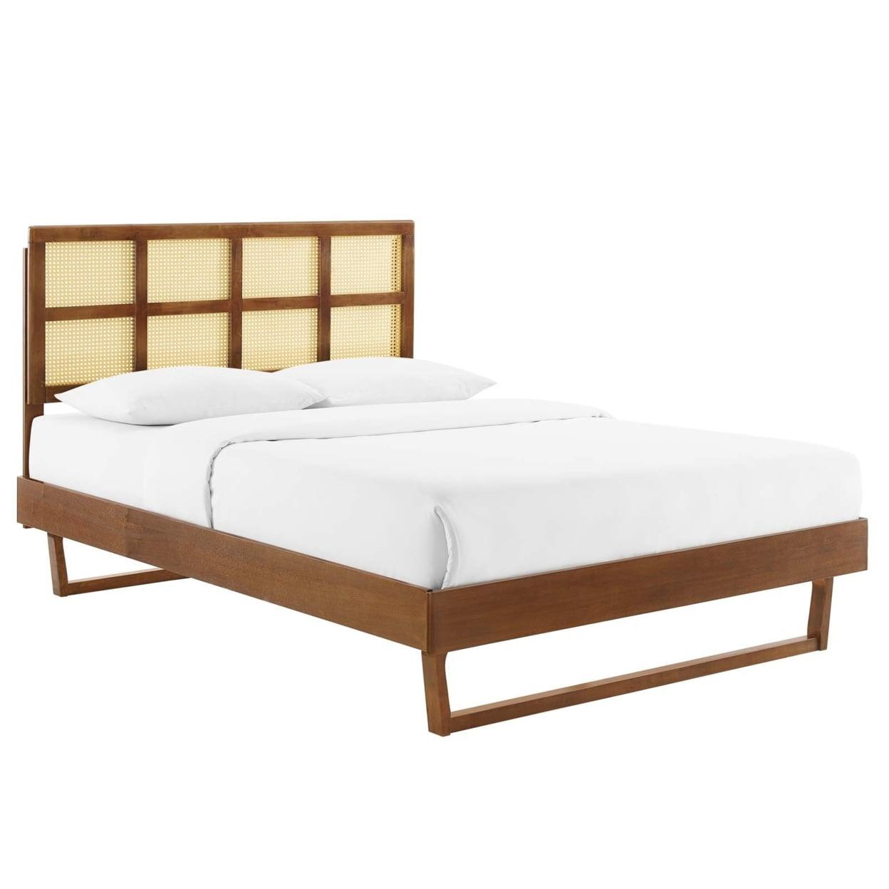 Sidney Walnut Queen Platform Bed with Cane Wood Headboard