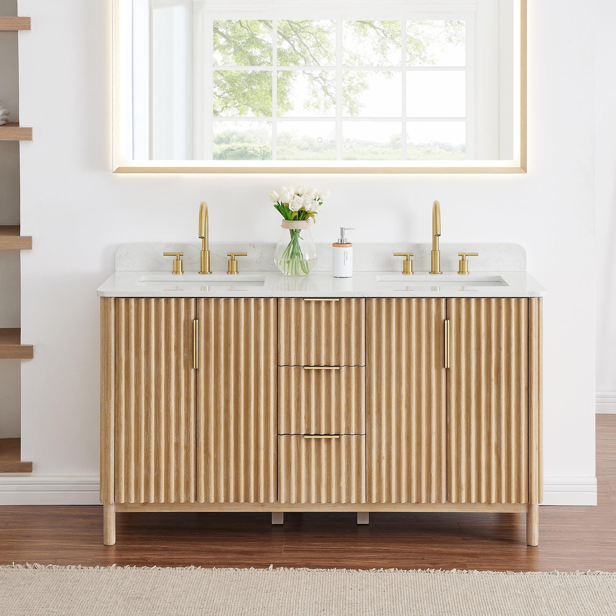 Sierra 60" Washed Light Brown Double Vanity with Engineered Stone Top