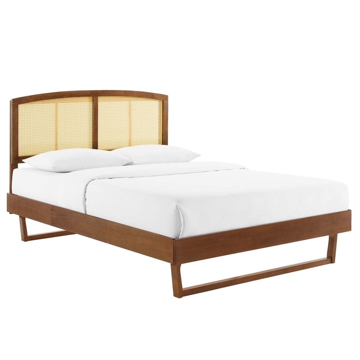 Billie Halcyon Queen Platform Bed with Woven Cane Headboard - Walnut