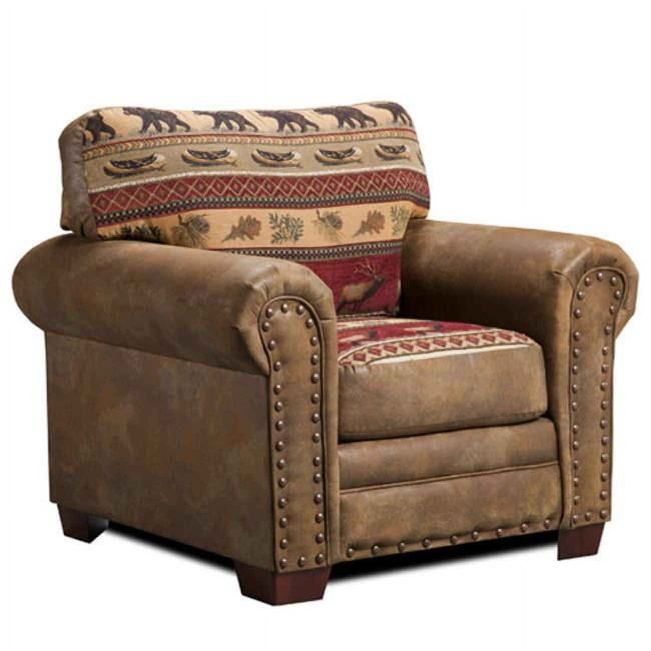 Sierra Lodge Rustic Oak Wood Accent Chair with Elk and Bear Tapestry