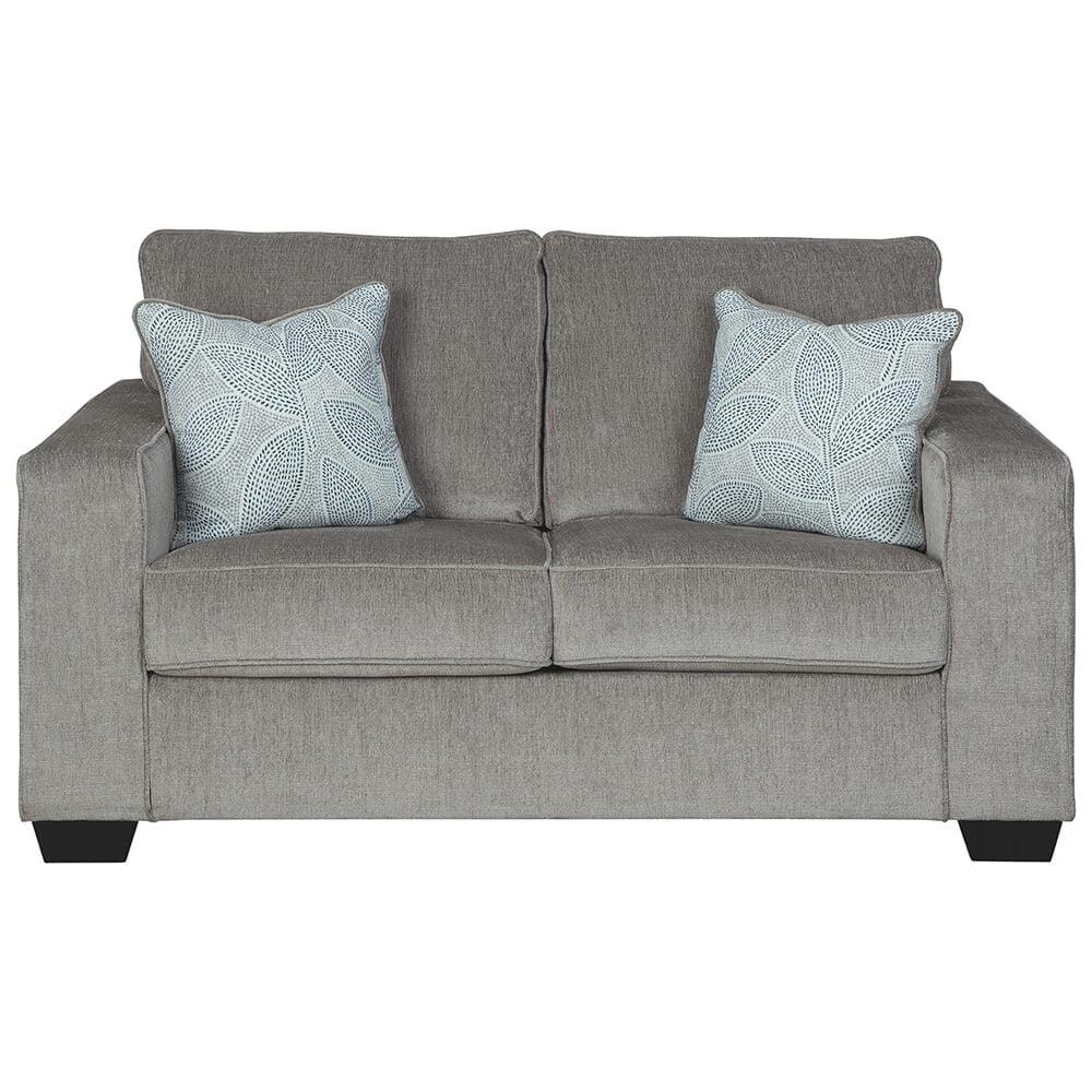 Contemporary Alloy Gray Loveseat with Floral Accent Pillows