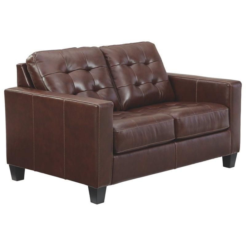 Transitional Walnut Brown Faux Leather Loveseat with Tufted Cushions