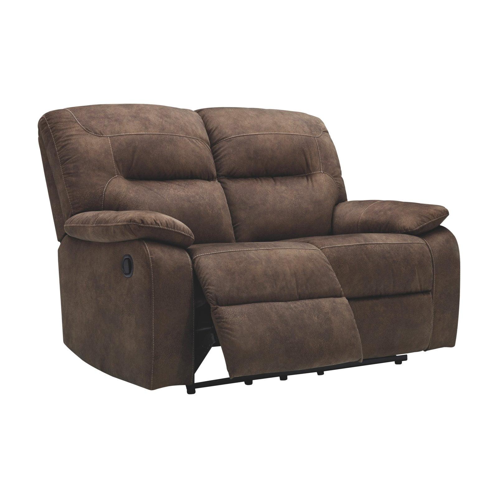 Compact Coffee Brown Microfiber Reclining Loveseat with Pillow Back