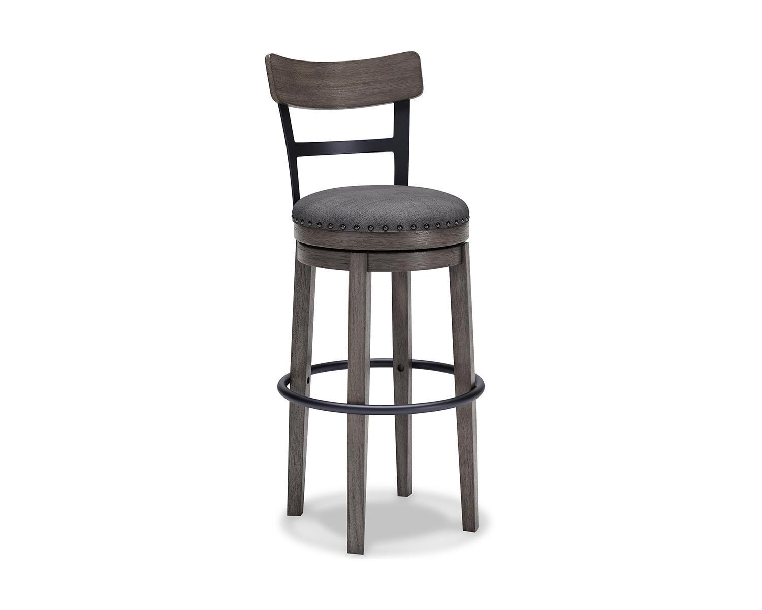 Antiqued Gray Wash Swivel Barstool with Cushioned Seat and Nailhead Trim