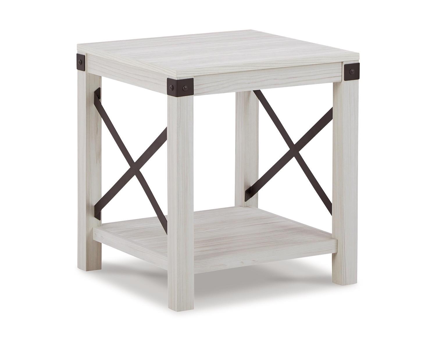 Contemporary White Wood & Metal Square End Table with Storage