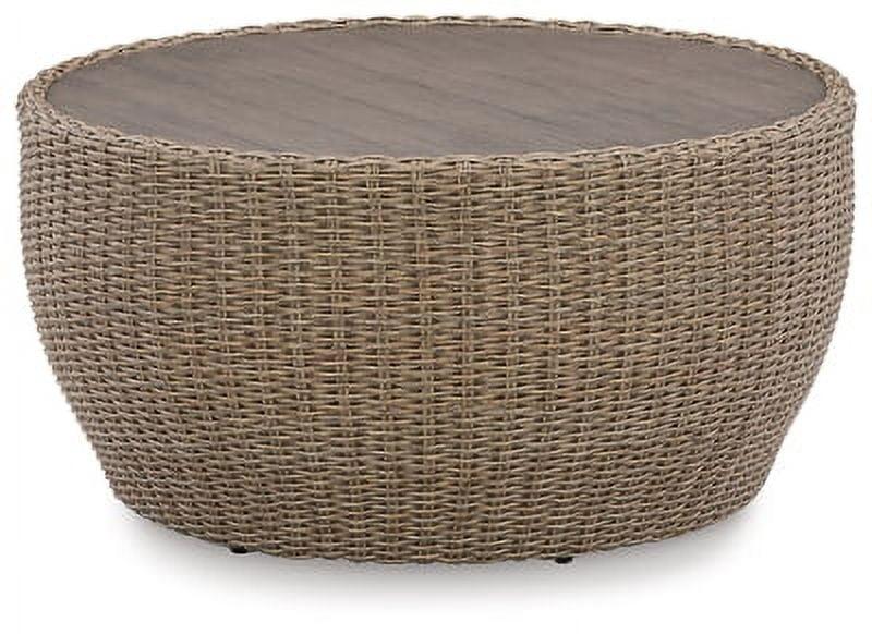 Beige Round Resin Wicker Outdoor Coffee Table with Aluminum Top