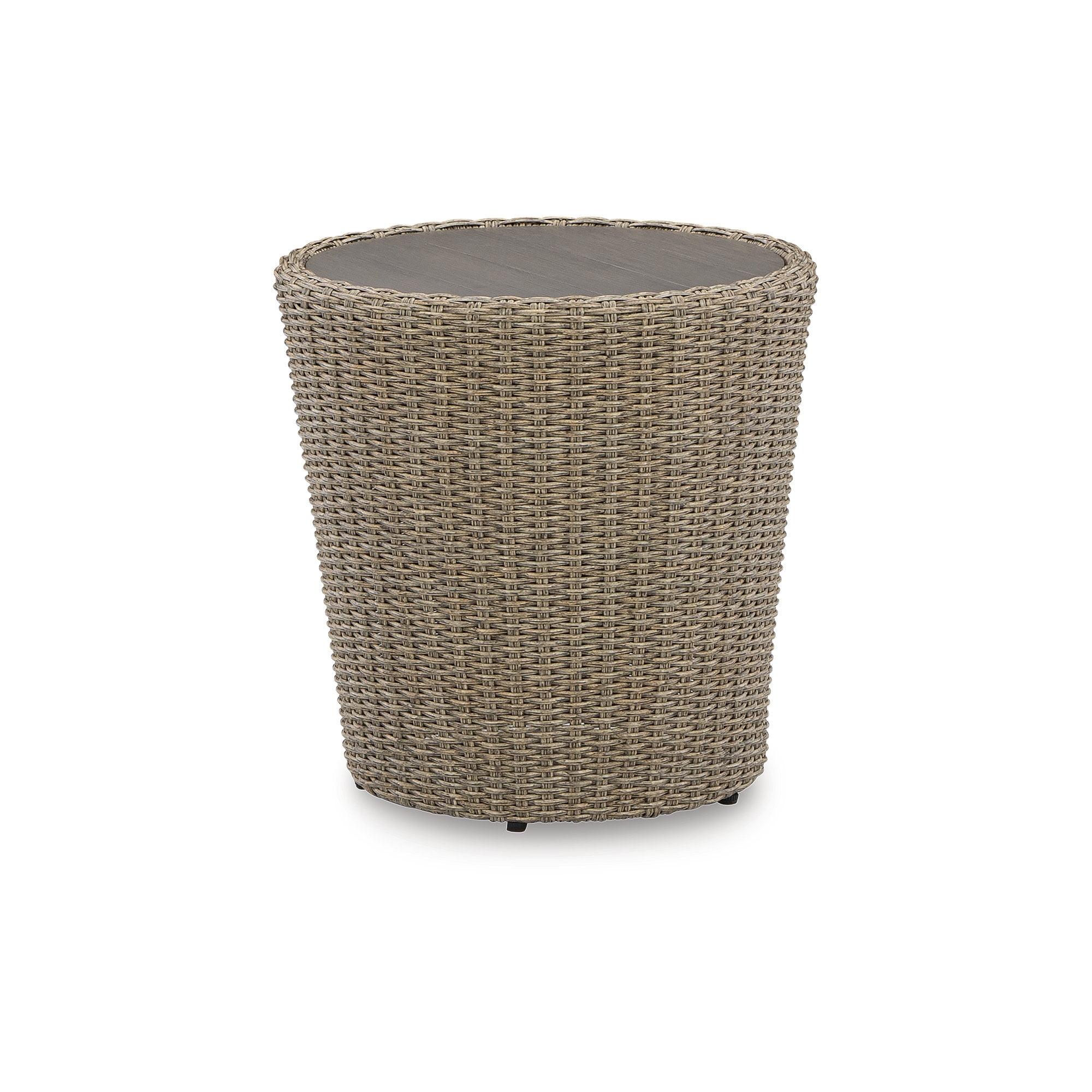 Beige Round Rattan Transitional Side Table