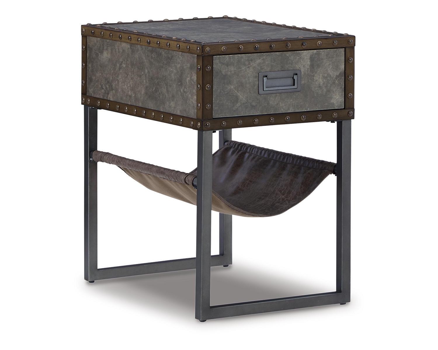 Modern Gray-Brown Chairside End Table with Metal Accents and Storage