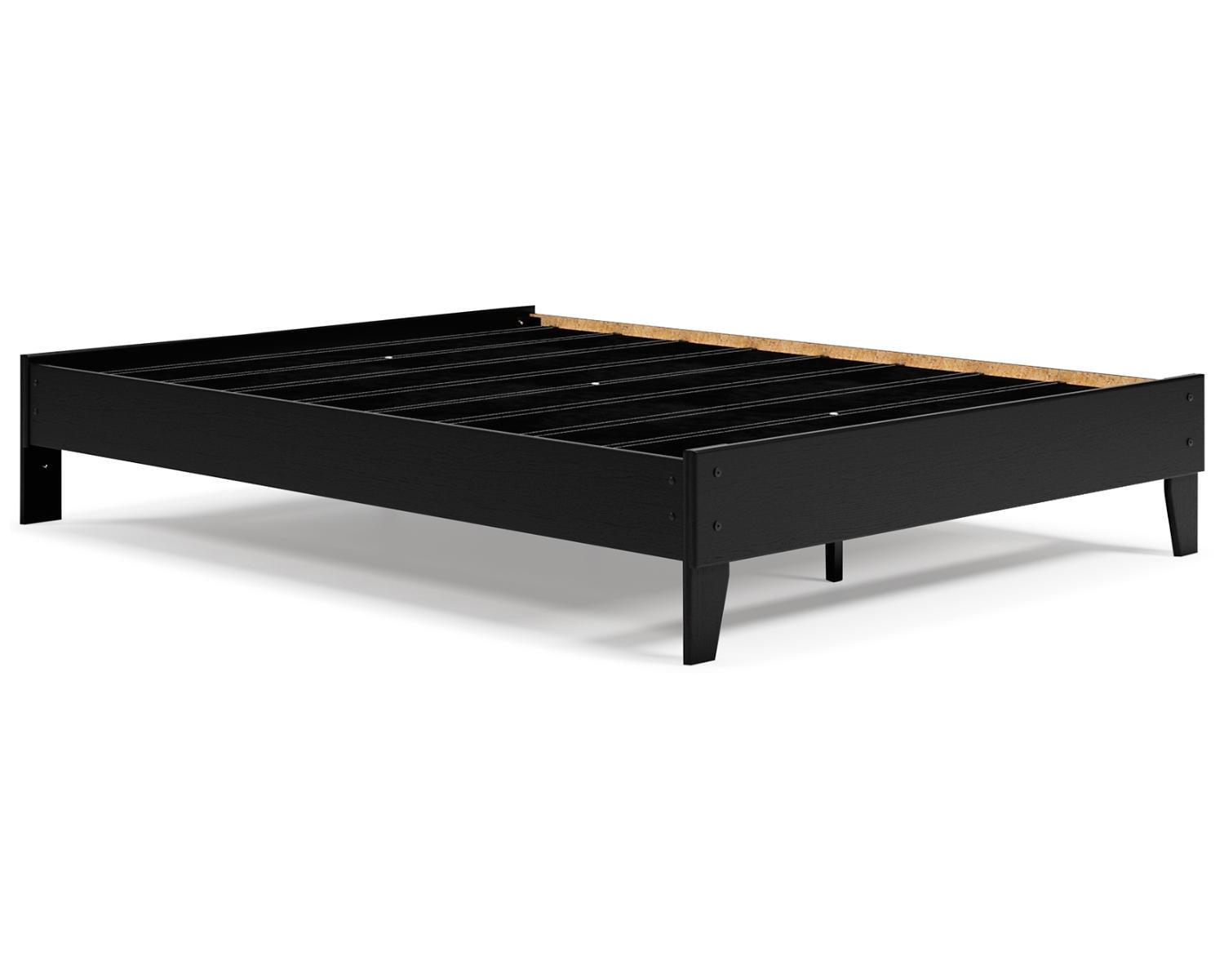 Contemporary Matte Black Queen Platform Bed with Wood Grain Finish