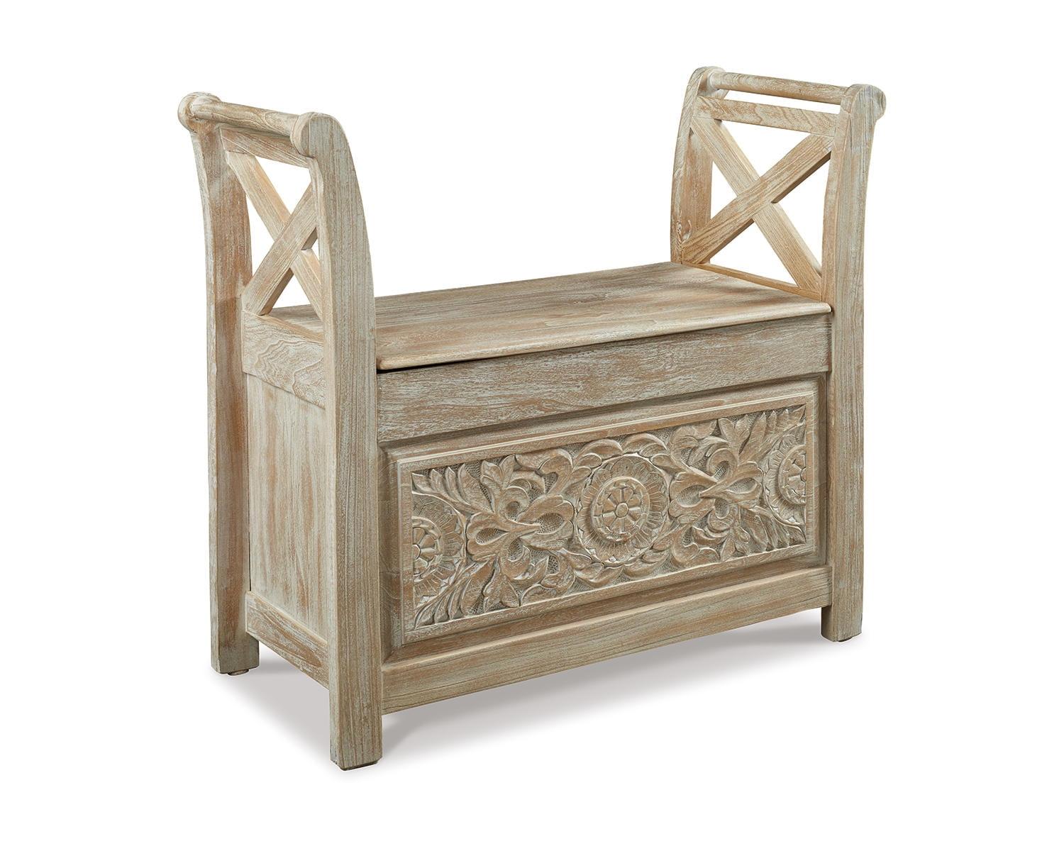 Transitional Beige Whitewashed Storage Accent Bench with Carved Florals