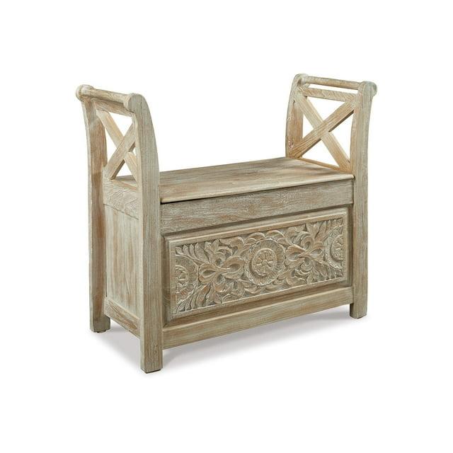 Fossil Ridge Accent Bench Whitewash - Signature Design by Ashley: Modern Storage Ottoman, Entryway Furniture
