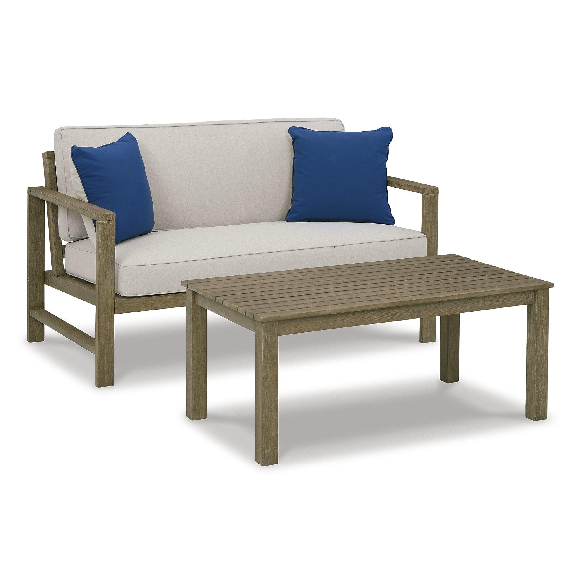 Light Brown Eucalyptus Wood Outdoor Loveseat with Table Set