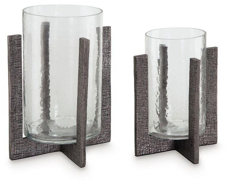 Signature Design by Ashley Casual Garekton Candle Holder (Set of 2)  Clear/Pewter Finish