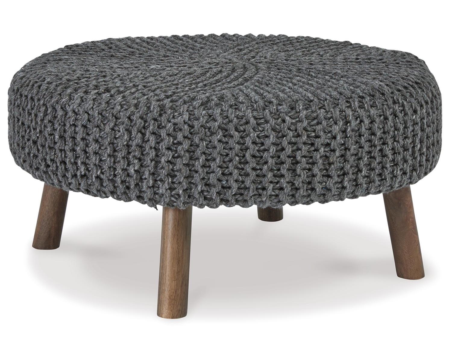 Charcoal Gray Hand-Knitted Round Accent Ottoman